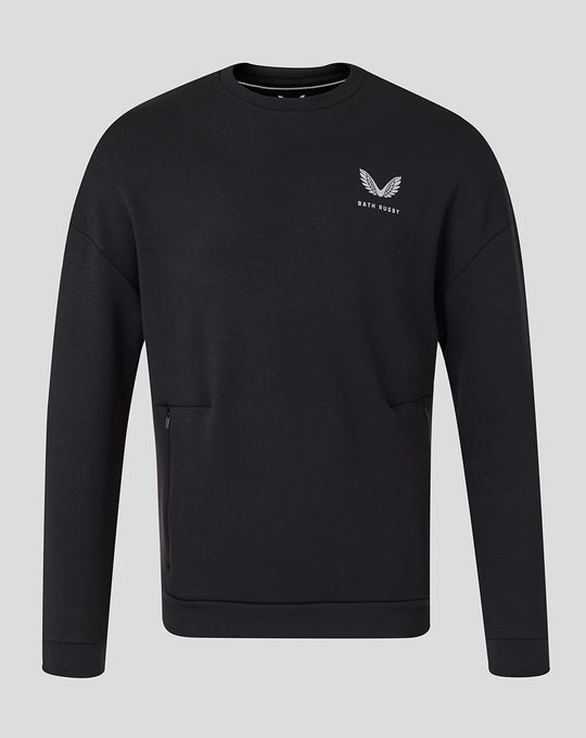 Black Bath Rugby unisex travel crew sweat with chest logo and zip hip pocket