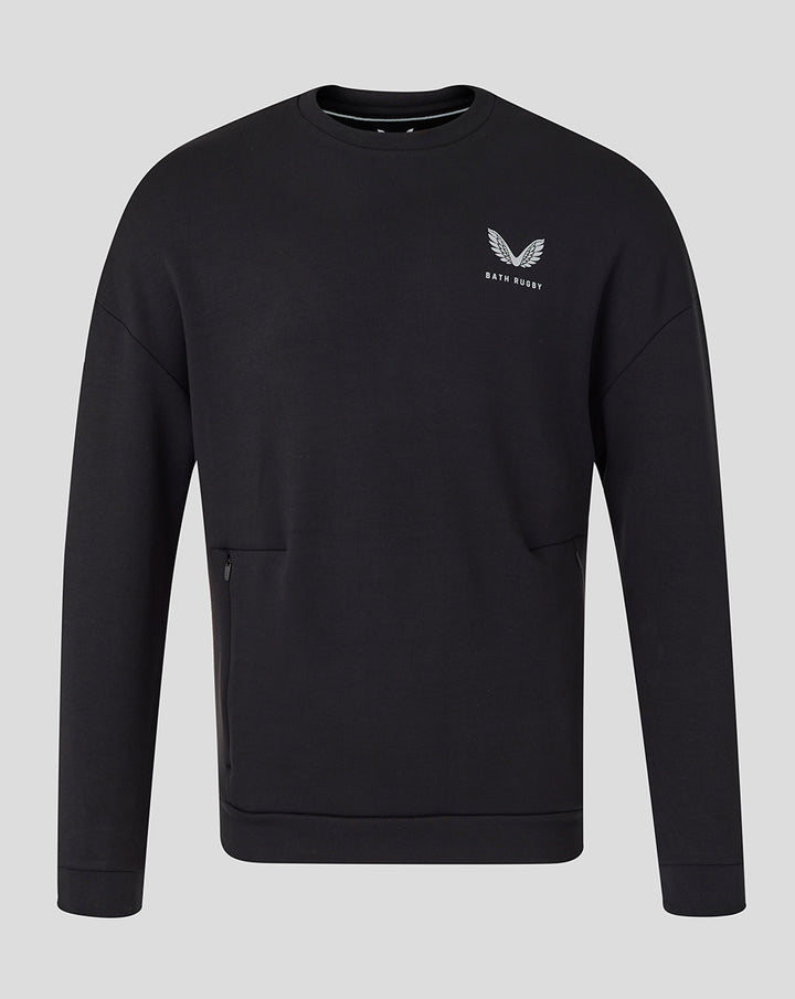 Black Bath Rugby unisex travel crew sweat with chest logo and zip hip pocket
