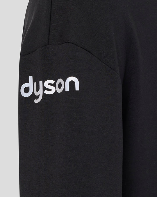Left sleeve featuring a silver Dyson logo on black travel crew sweatshirt