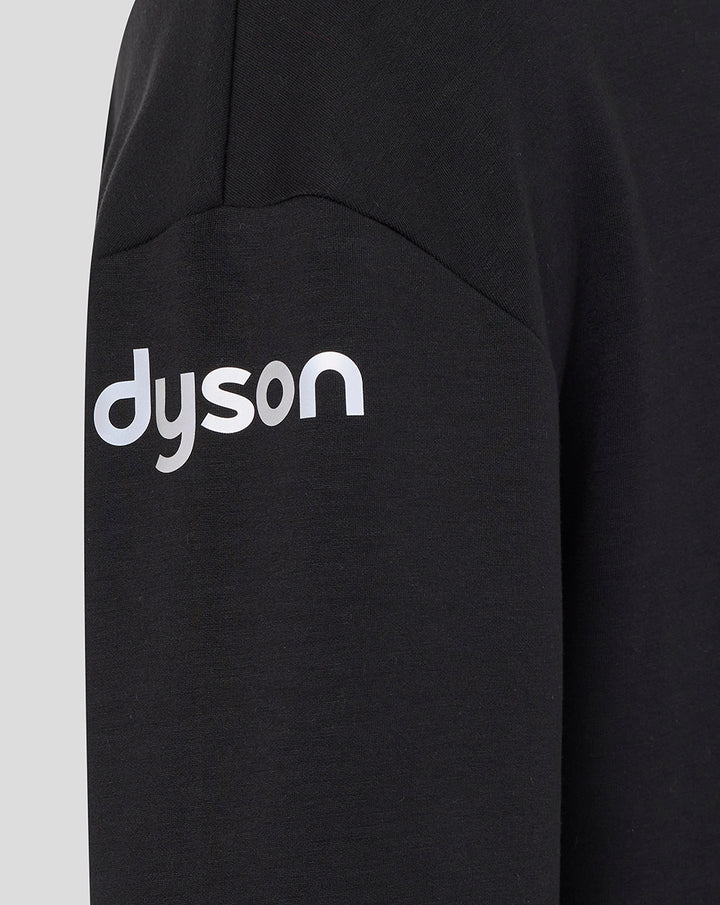 Left sleeve featuring a silver Dyson logo on black travel crew sweatshirt