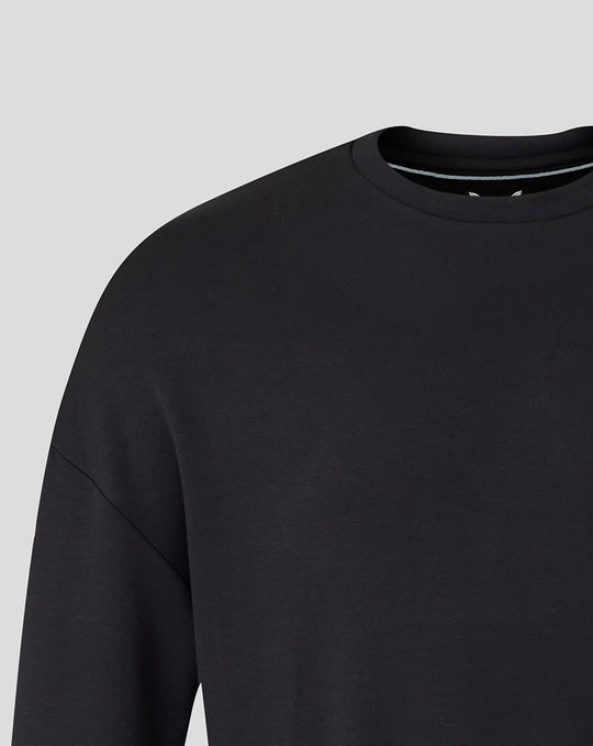 Close-up of black Bath Rugby travel crew sweatshirt showing shoulder seam and neckline fabric