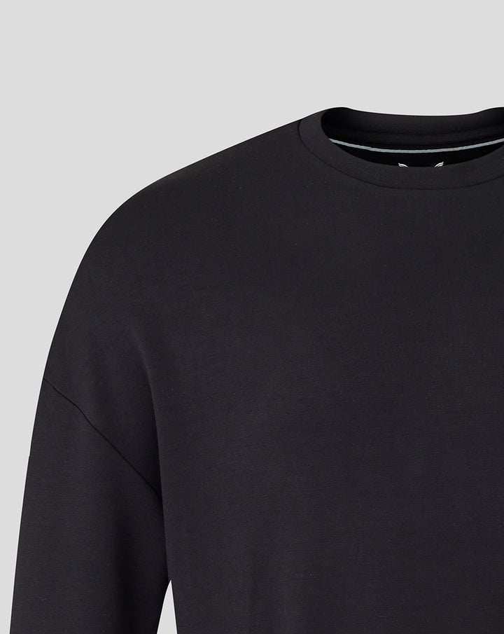 Close-up of black Bath Rugby travel crew sweatshirt showing shoulder seam and neckline fabric