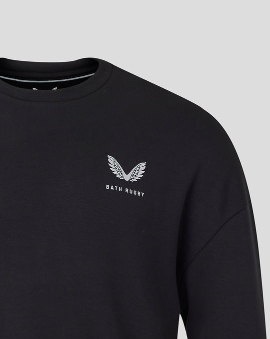Left chest Bath Rugby logo on black crew sweatshirt