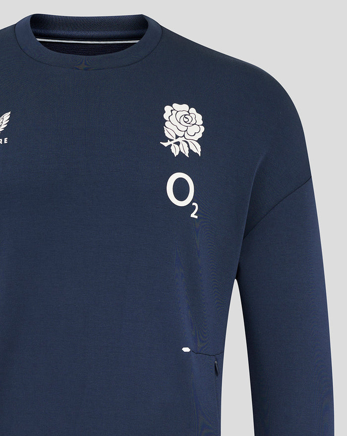 Navy England Rugby travel crew sweatshirt with rose crest on left chest, O2 logo on right chest and Castore branding