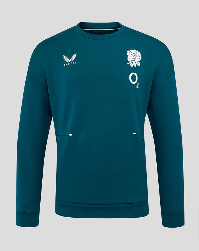Front view of teal England Rugby Travel Crew Sweatshirt showing Castore branding and club and O2 logos