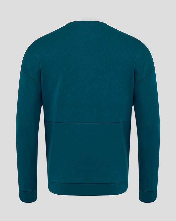 Back view of teal England Rugby Travel Crew Sweatshirt in Reflecting Pond