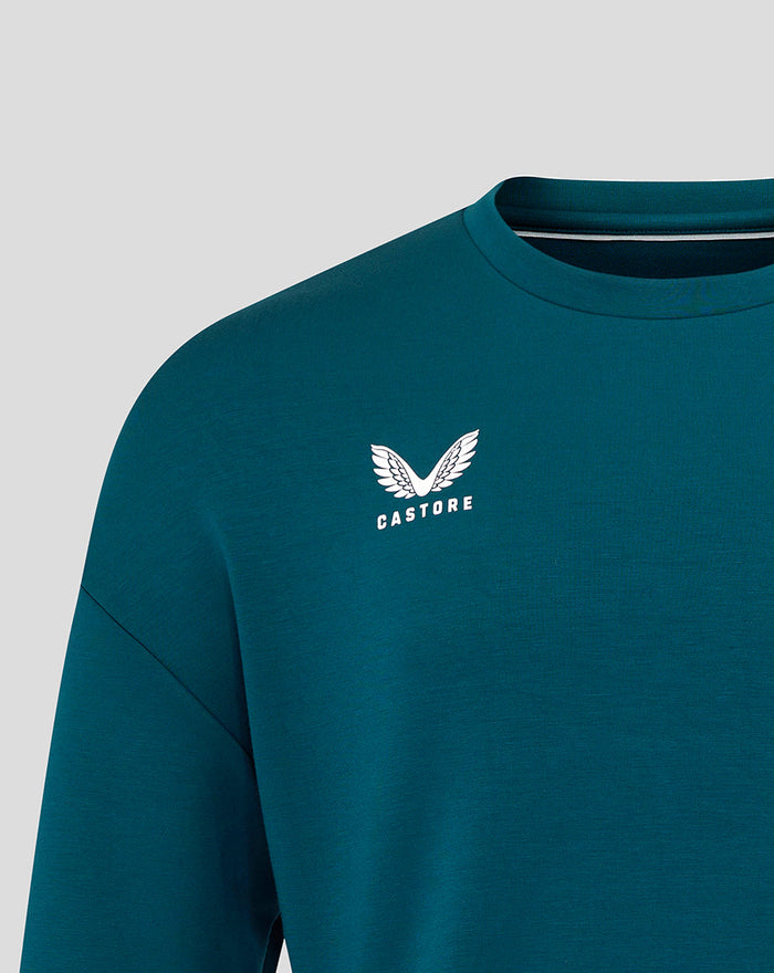 Teal England Rugby Travel Crew Sweatshirt chest featuring Castore branding.