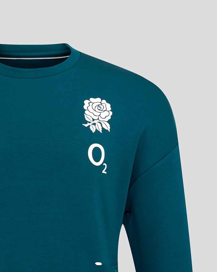 Teal England Rugby Travel Crew Sweatshirt chest with white rose emblem and O2 branding.