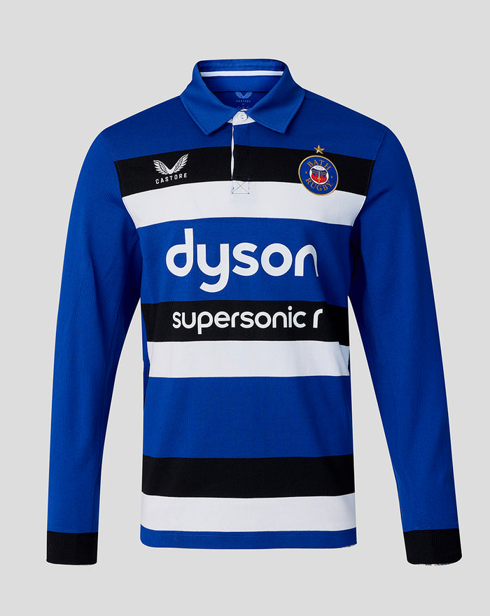 Bath Rugby home long sleeve shirt on display with blue base white and black hoops and Bath crest