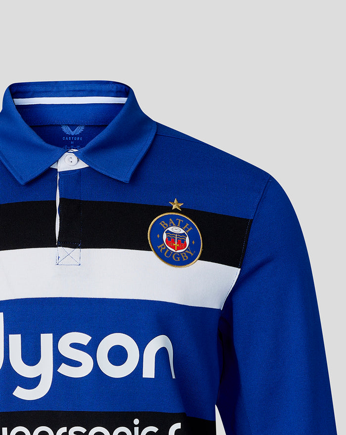 Bath Rugby home long sleeve shirt in navy with a white horizontal stripe and Bath crest on the left chest