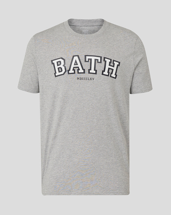 Heather grey Bath Rugby varsity tee with bold BATH lettering across chest.