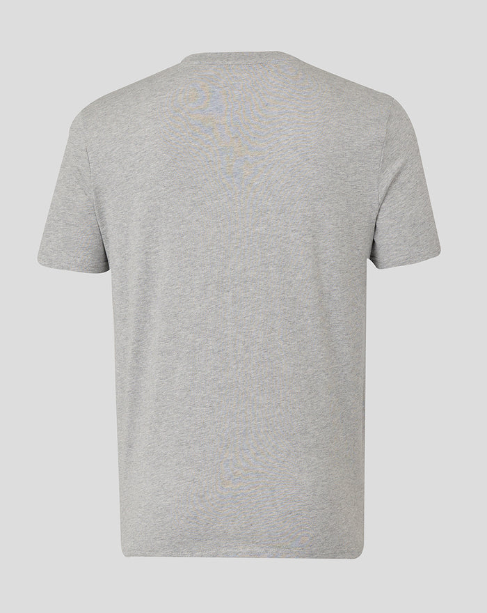Back view of heather grey Bath Rugby Varsity Tee with short sleeves.
