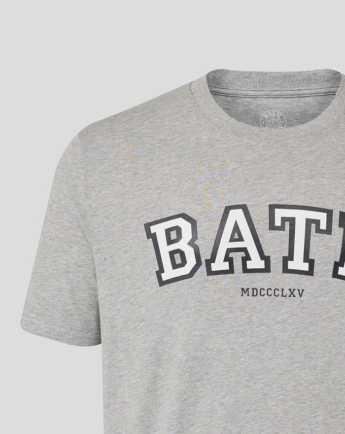 Front close-up of a heather grey Bath Rugby Varsity Tee with bold BATH lettering.