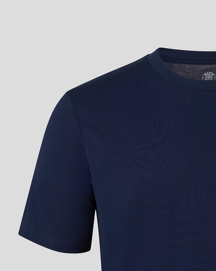 Close up of BR Logo Rugby Tee in French Navy showing shoulder seam and crew neck.