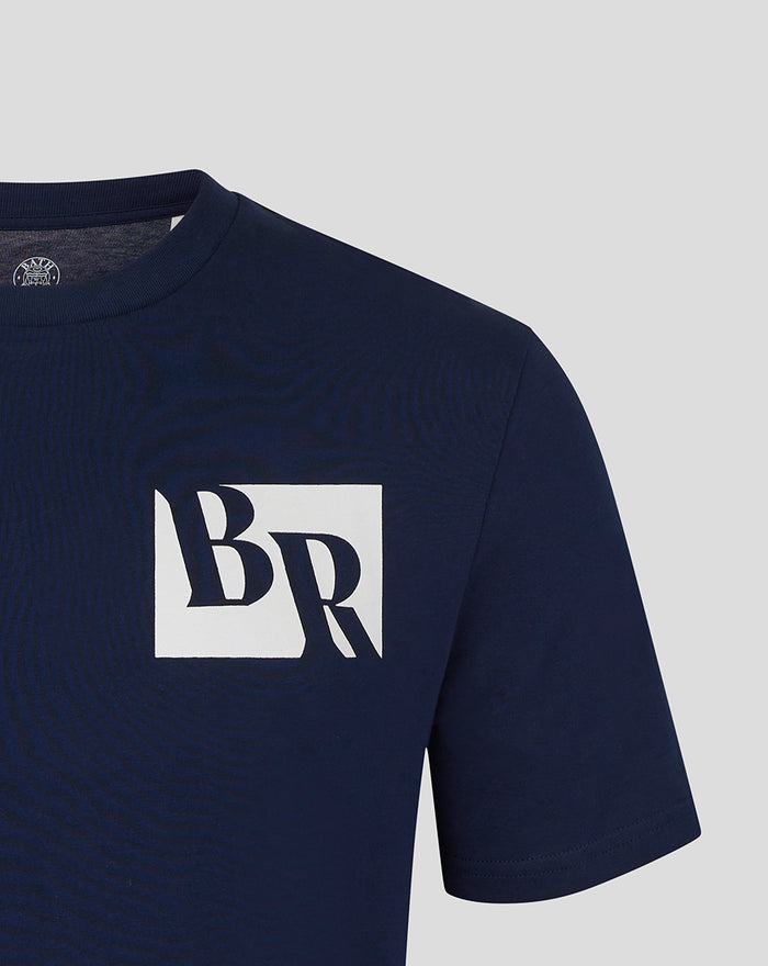 Close up of navy BR Logo Rugby tee featuring a white BR logo in a square on the chest