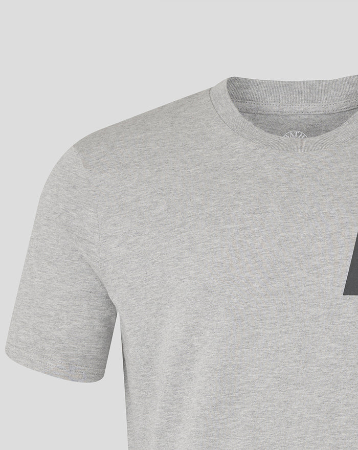 Close-up of BR logo on the chest of a heather grey BR Logo Rugby Tee