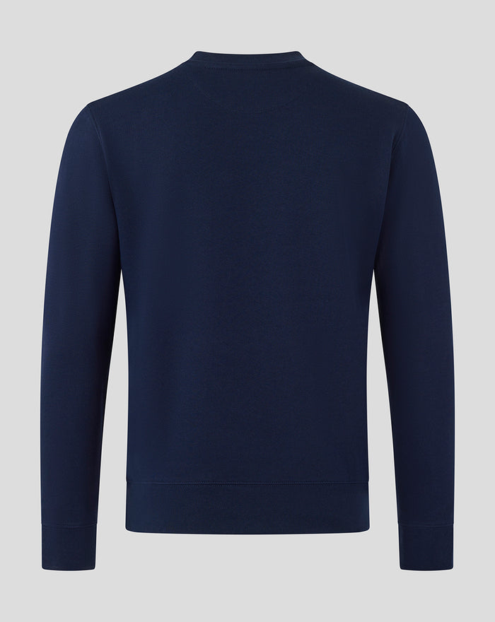 Back view of navy Van Graan crew sweatshirt showing plain smooth back and ribbed hem.