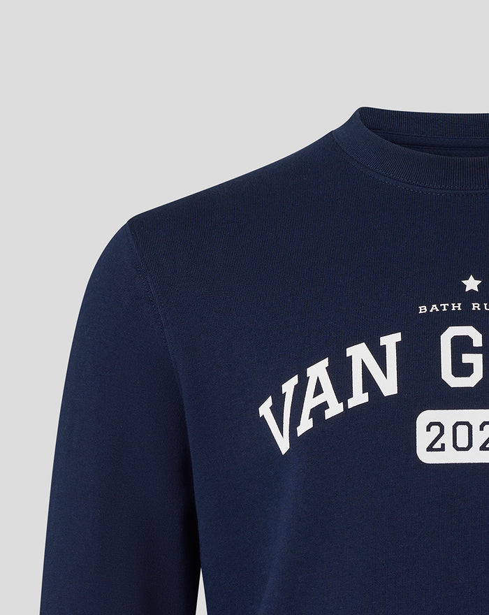 Navy crew sweatshirt with bold VAN GRAAN lettering across the chest and Bath Rugby branding above.