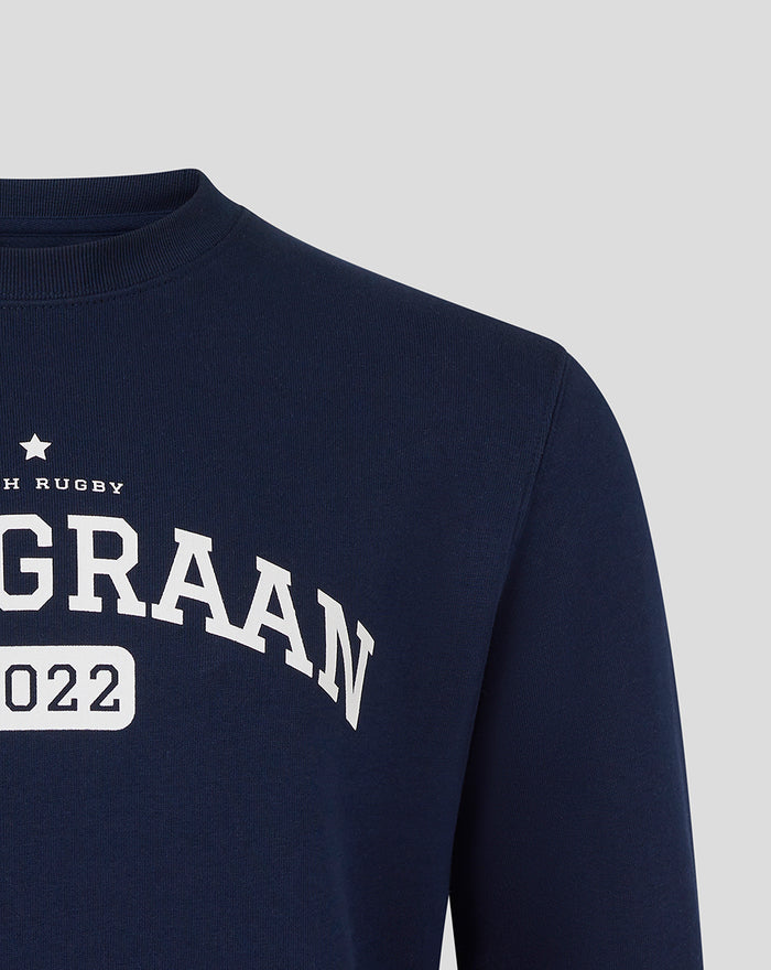 Close up of navy Bath Rugby Van Graan crew sweatshirt with curved VAN GRAAN lettering and a 2022 badge.