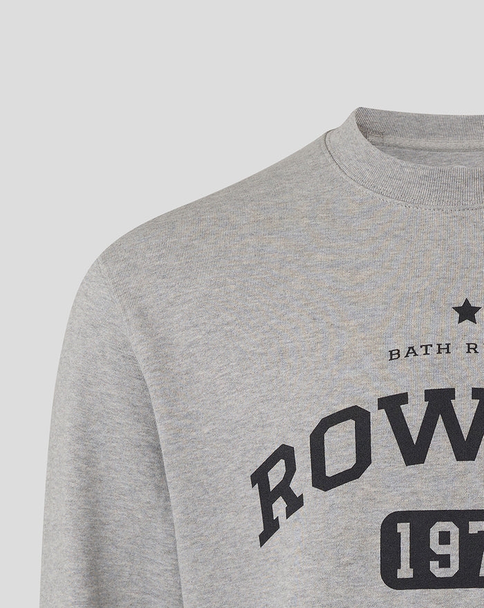Close up of gray heather sweatshirt chest area showing star, Bath Rugby text and partial ROWELL graphic