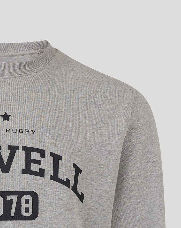 Close up of shoulder and neckline on gray heather sweatshirt with ROWELL branding and 1978 element