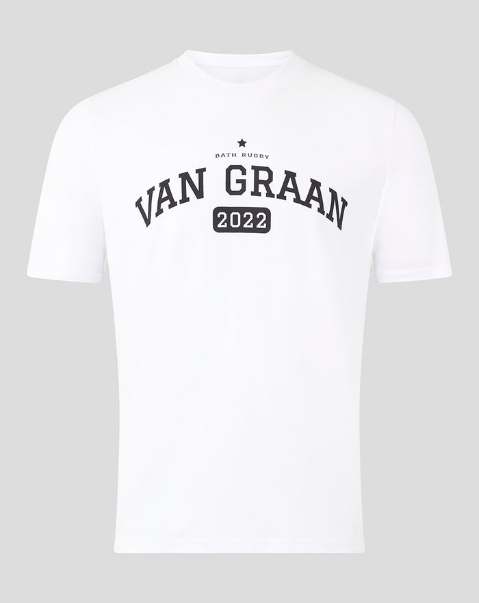 White Van Graan T shirt with arched VAN GRAAN 2022 graphic on chest