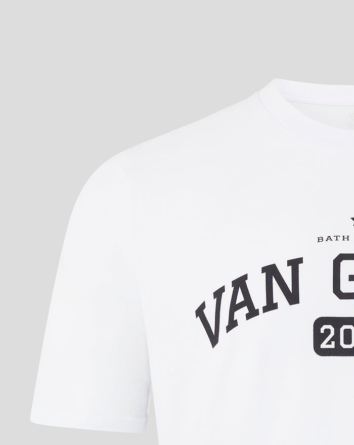 White Bath Rugby Van Graan tee close up showing bold VAN GRAAN lettering across the chest