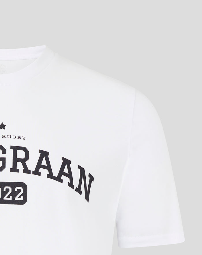 Close up of white Van Graan tee showing part of the curved front graphic near the shoulder