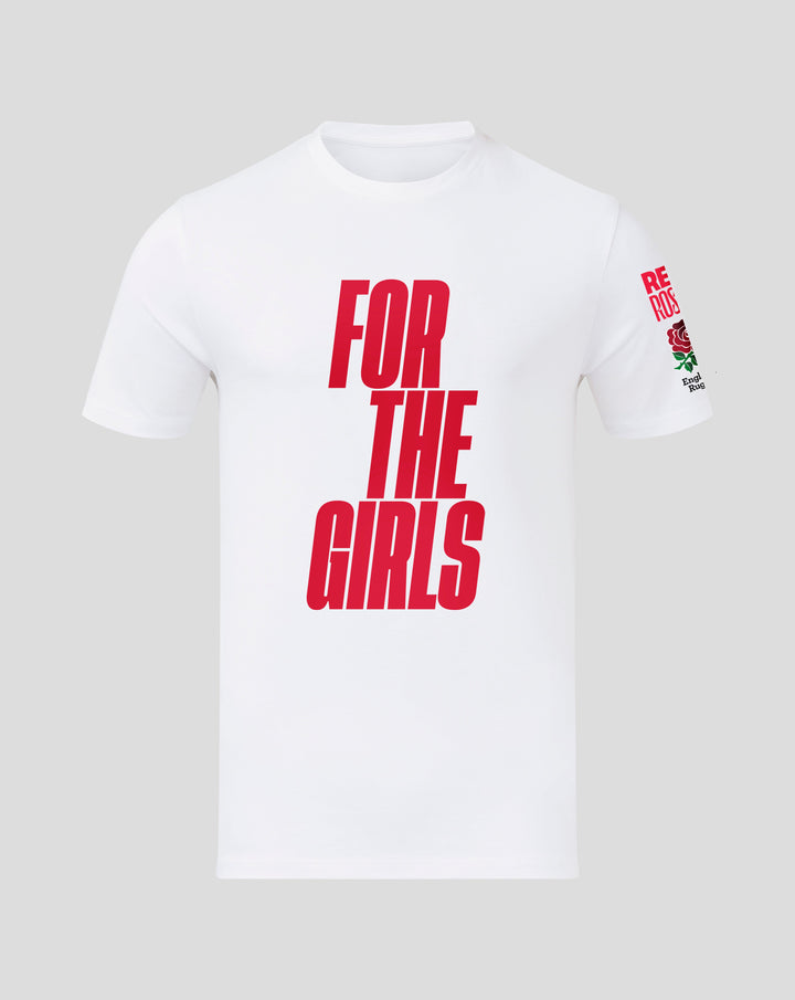 Front view of white junior England Rugby For The Girls T shirt with large red FOR THE GIRLS print