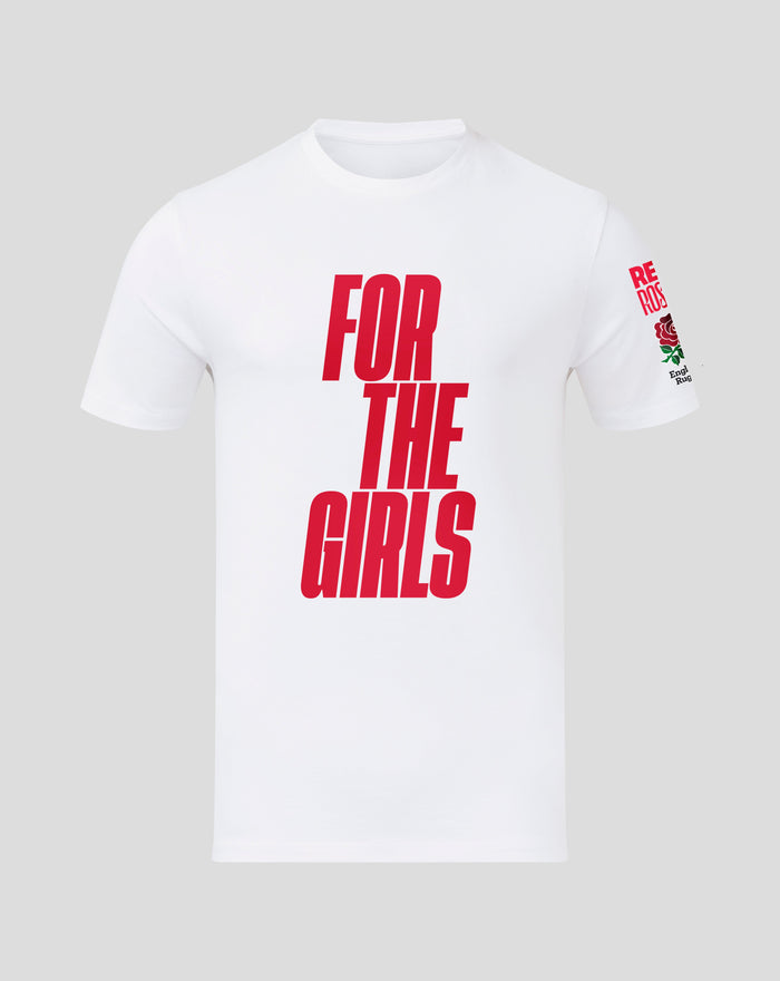Front view of white junior England Rugby For The Girls T shirt with large red FOR THE GIRLS print
