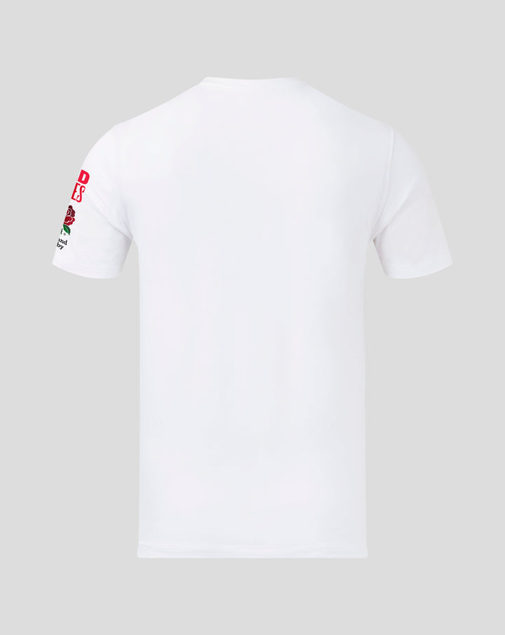 White junior England Rugby For The Girls T shirt back view with sleeve graphics and a rose emblem
