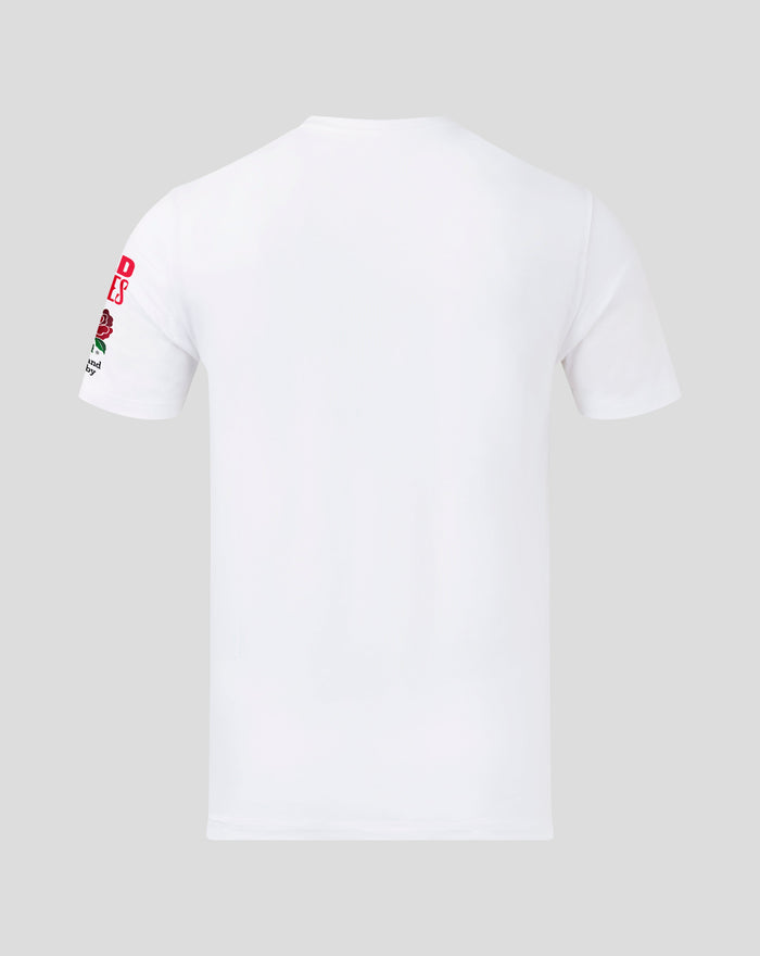 White junior England Rugby For The Girls T shirt back view with sleeve graphics and a rose emblem