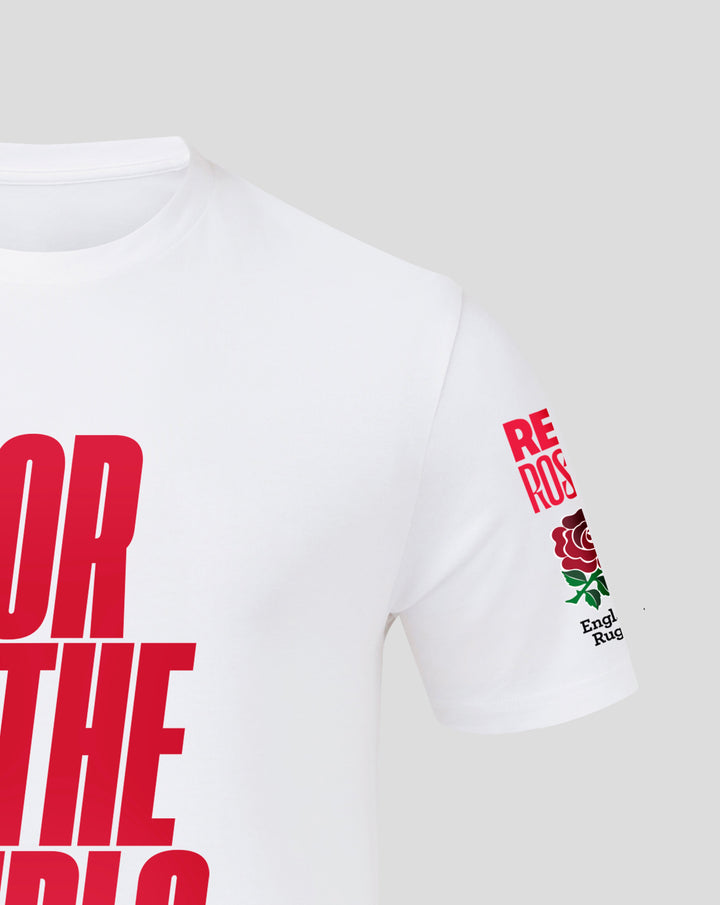 Close up of white junior England Rugby For The Girls T shirt collar and shoulder