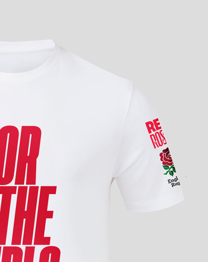 Close up of white junior England Rugby For The Girls T shirt collar and shoulder