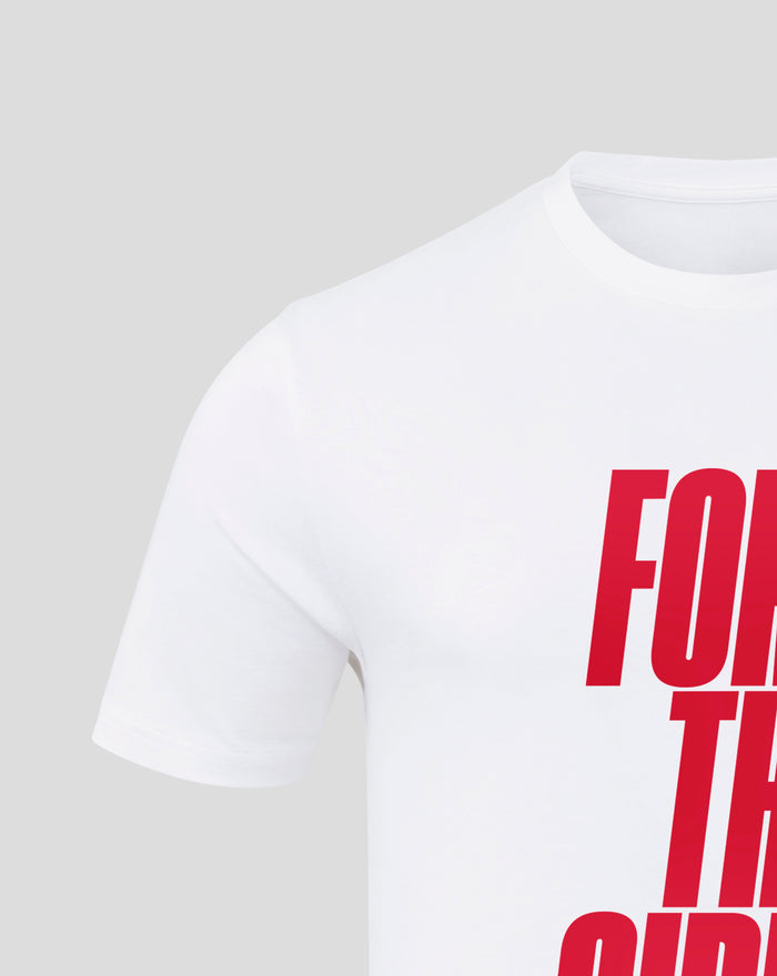 Right sleeve detail showing red rose crest and England Rugby text on the white junior For The Girls T shirt