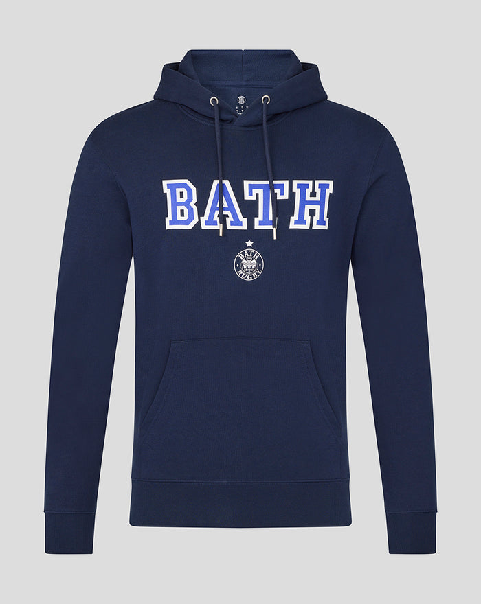 Navy Bath Rugby varsity hoodie with large white outlined BATH across chest and crest