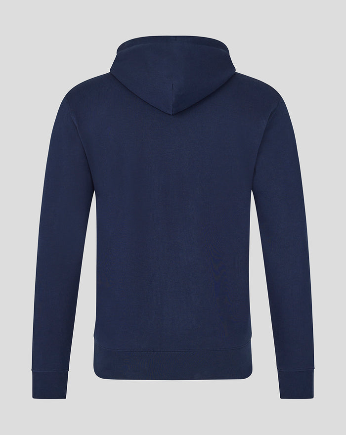 Back view of navy Bath Rugby varsity hoodie with hood up and plain smooth back