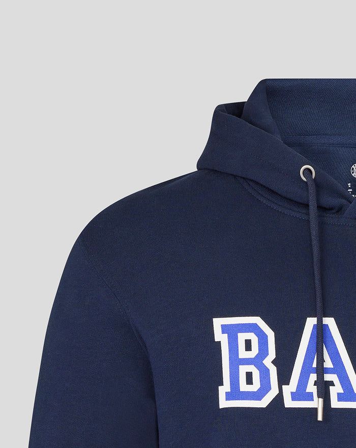 Navy Bath Rugby varsity hoodie close up of hood with drawstrings and large chest lettering