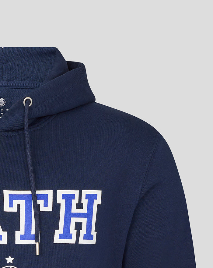 Front view of navy Bath Rugby varsity hoodie showing large blue and white lettering across chest and drawstrings