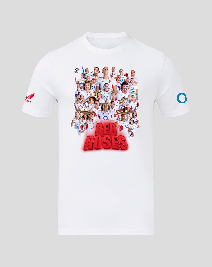 White adult RED ROSES Winners short sleeve tee featuring a large collage of players and the bold RED ROSES on front.