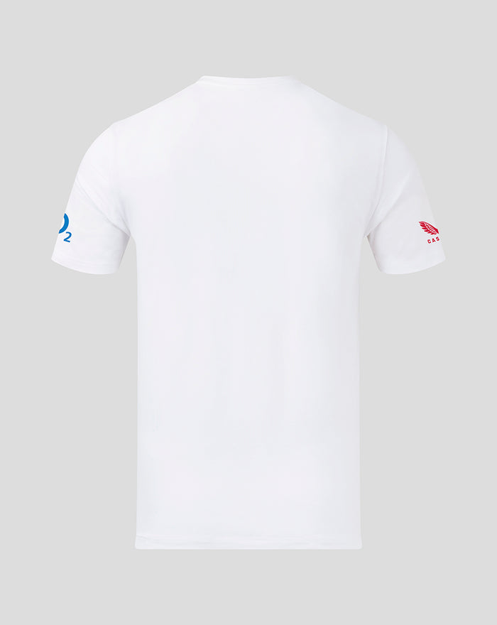 Back view of white adult short sleeve tee with a blue circle and number 2 on one sleeve and a red wing logo on the other sleeve