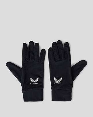 Pair of black unisex gloves laid flat against a light gray background
