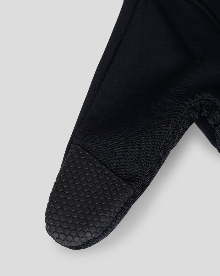 Close up of black unisex glove showing hexagonal grip texture on the cuff