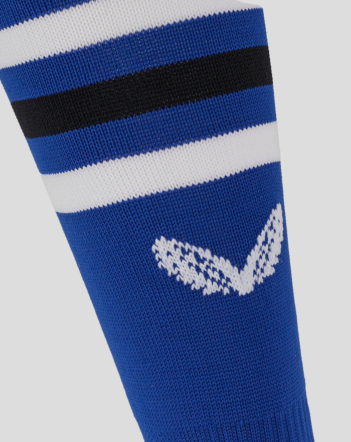 Detail of Bath Rugby Pro Home Sock with bold blue white and black striped knit and reinforced cuff