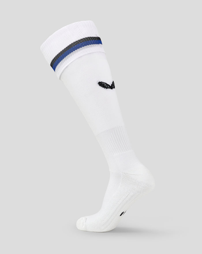 White Bath Rugby Pro Away Sock with hooped folded cuff and blue black stripe band Castore branding at calf