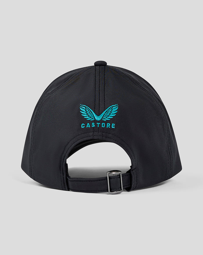 Back view of black Bath Club cap with teal CASTORE logo and adjustable strap.