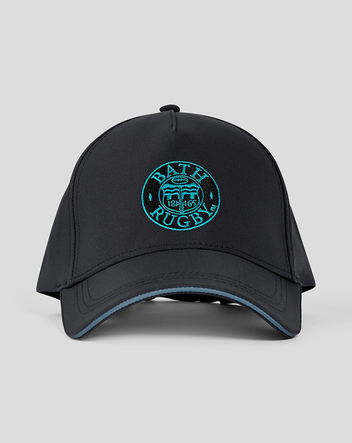 Black Bath Club Cap with turquoise Bath Rugby crest embroidered on the front
