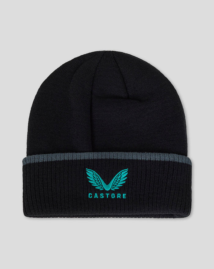 Black Bath Club Beanie with turquoise wing logo on folded cuff