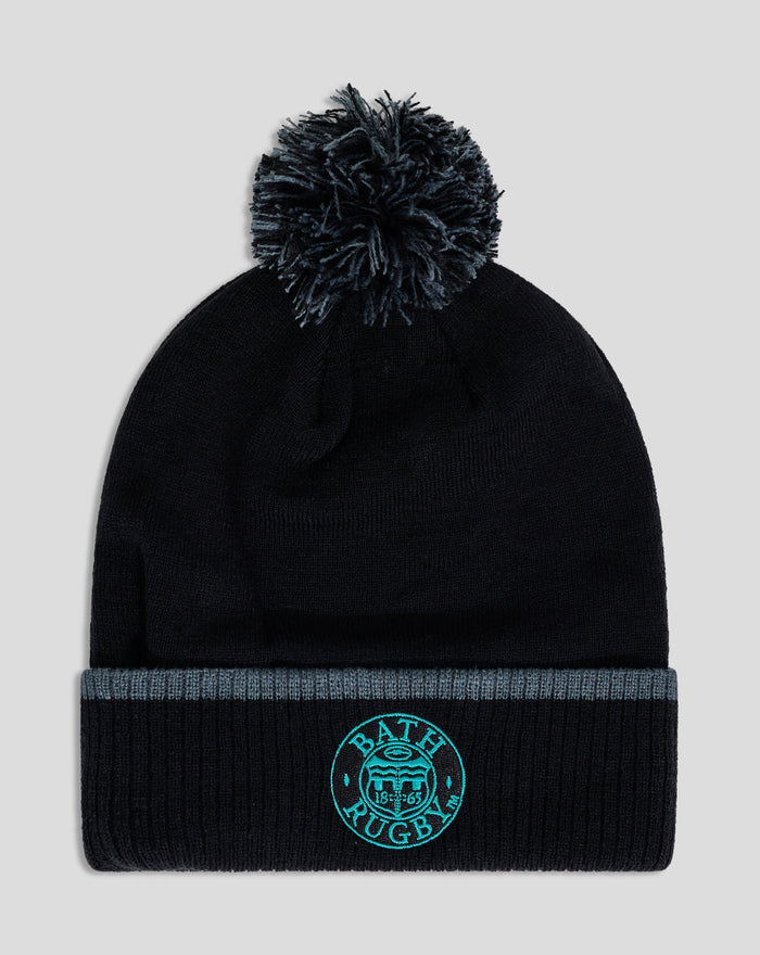 Black Bath Club Bobble Beanie with large blue pompom and ribbed cuff