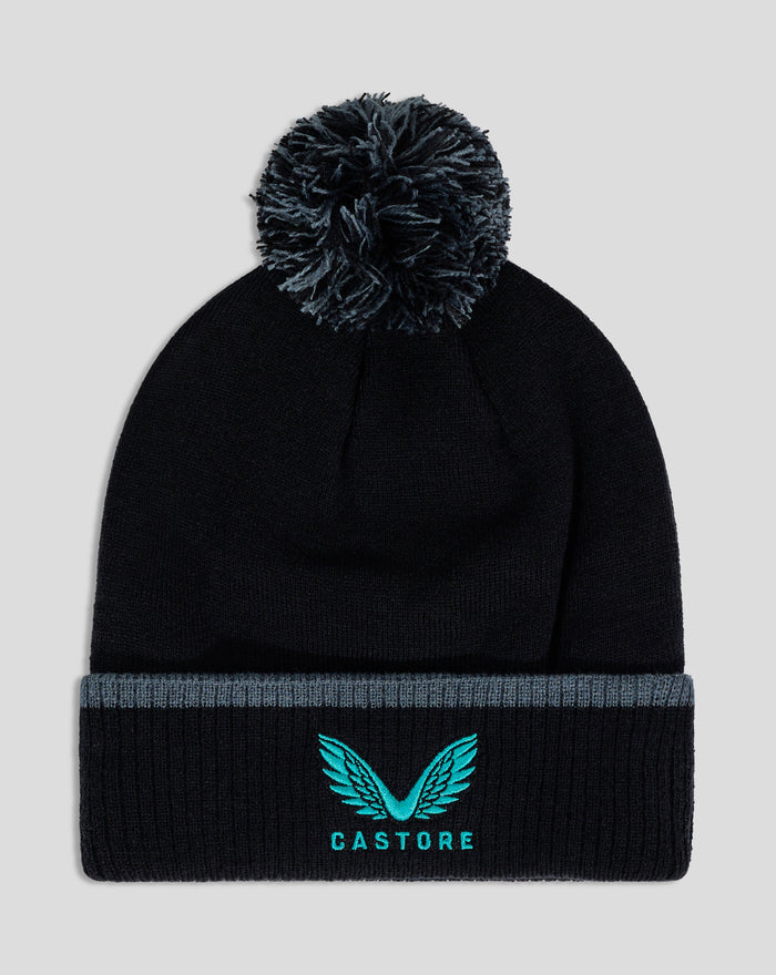 Black Bath Club Bobble Beanie with teal crest logo on cuff